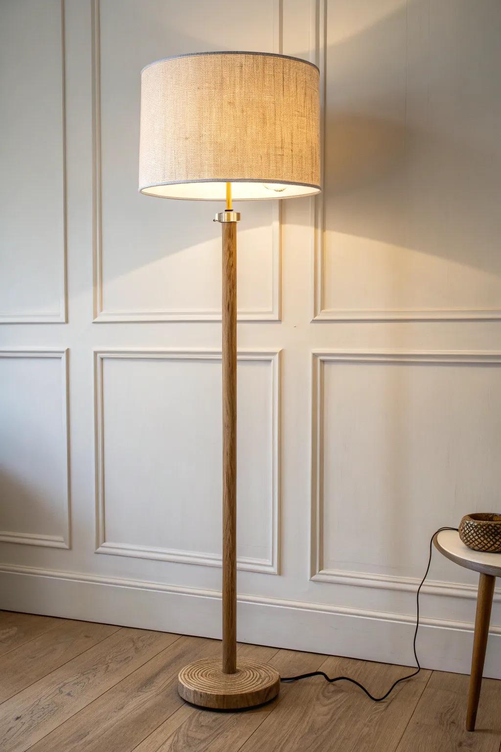 A slim floor lamp adds warm layered light—without stealing precious table space.