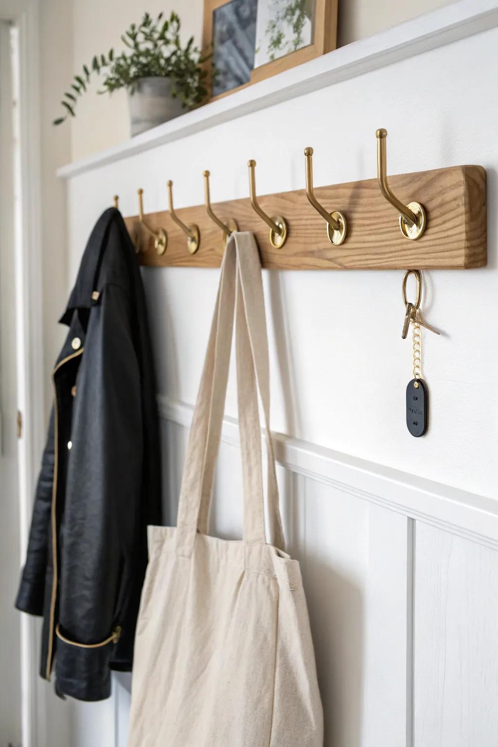 Slim peg-rail drop zone: hooks for coats, bags & keys—perfect when your front door opens to the living room.