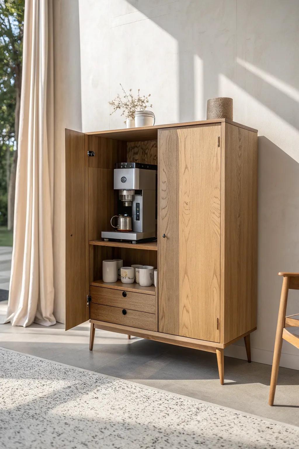 Pocket-door coffee cabinet: a hidden, plug-in station that opens up your small kitchen fast.