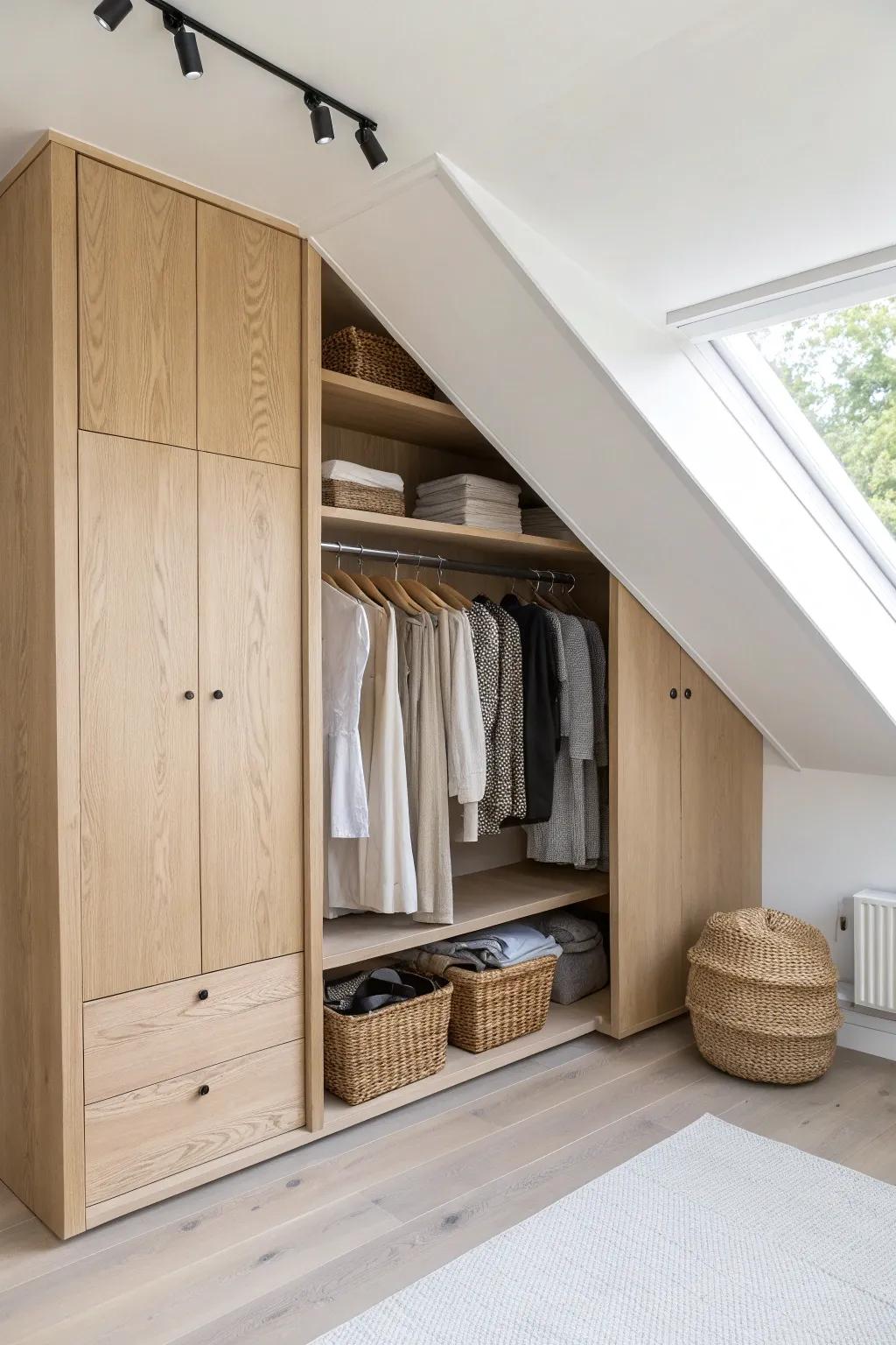 Low attic corner, big payoff: a chic mini walk-in closet with short rods, shelves, and baskets.
