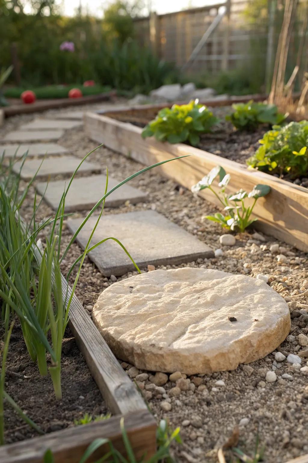 One artisan stepping stone keeps beds clean and frees space for extra carrots and onions.