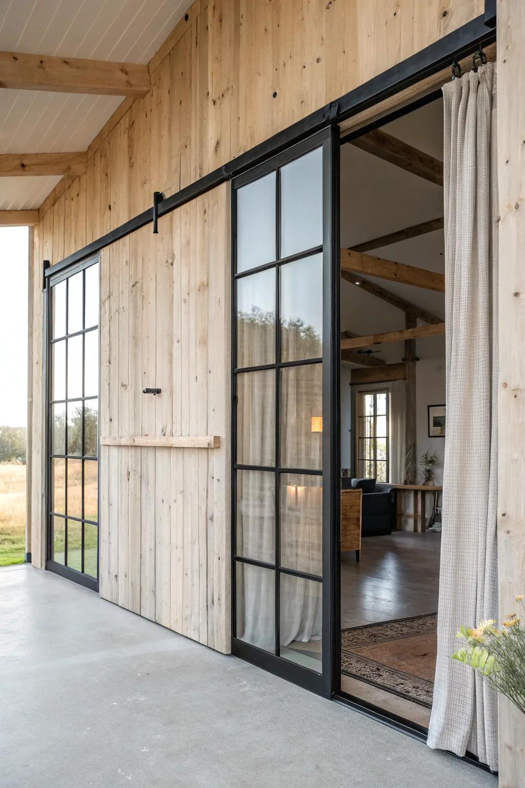 Turn a barn door opening into a glass wall—instant light, airy flow, and modern warmth.