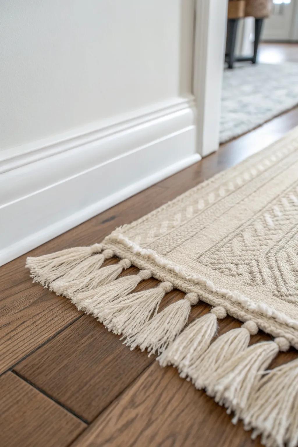 One rug corner + a clean flooring transition—an easy way to define lounge and craft zones.
