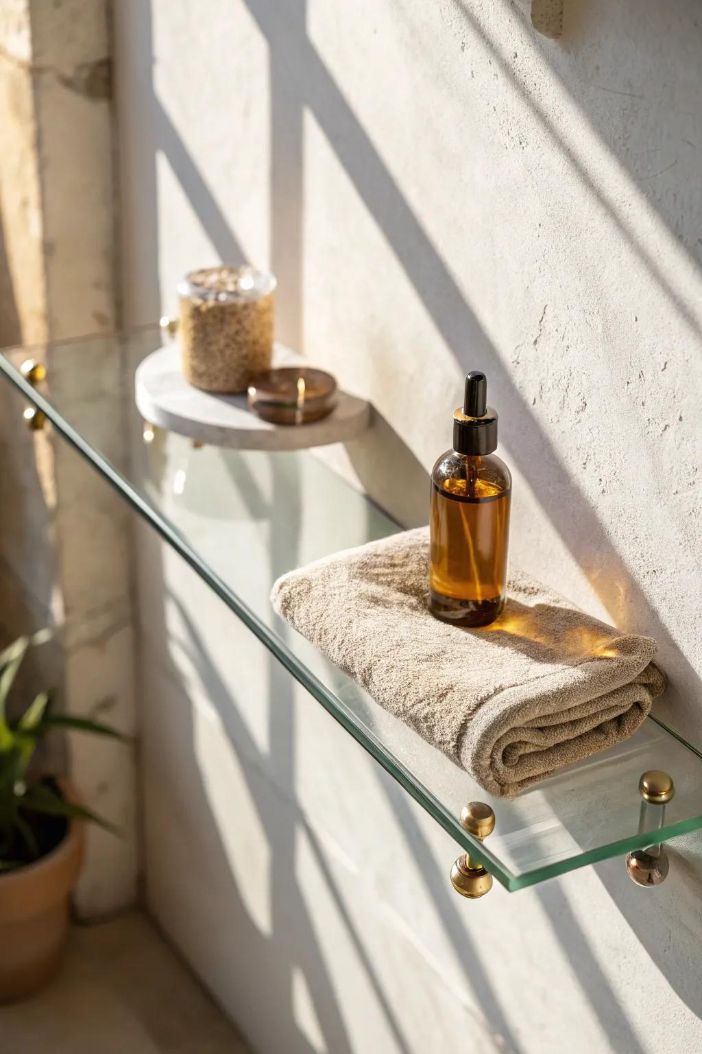 Clear glass shelves keep tiny bathrooms feeling light, airy, and effortlessly organized.