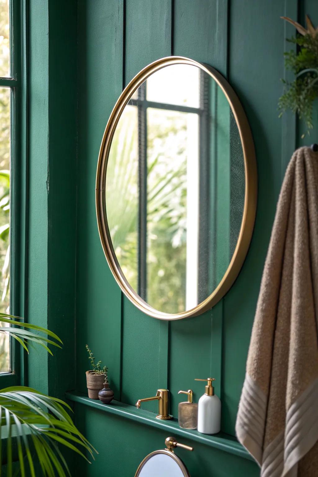 Deep emerald walls + a slim brass mirror turn a tiny powder room into a jewel-box.