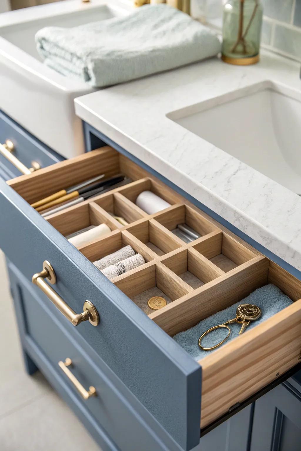 Drawer dividers in a blue vanity keep tweezers and hair ties tidy in the tiniest bathroom.
