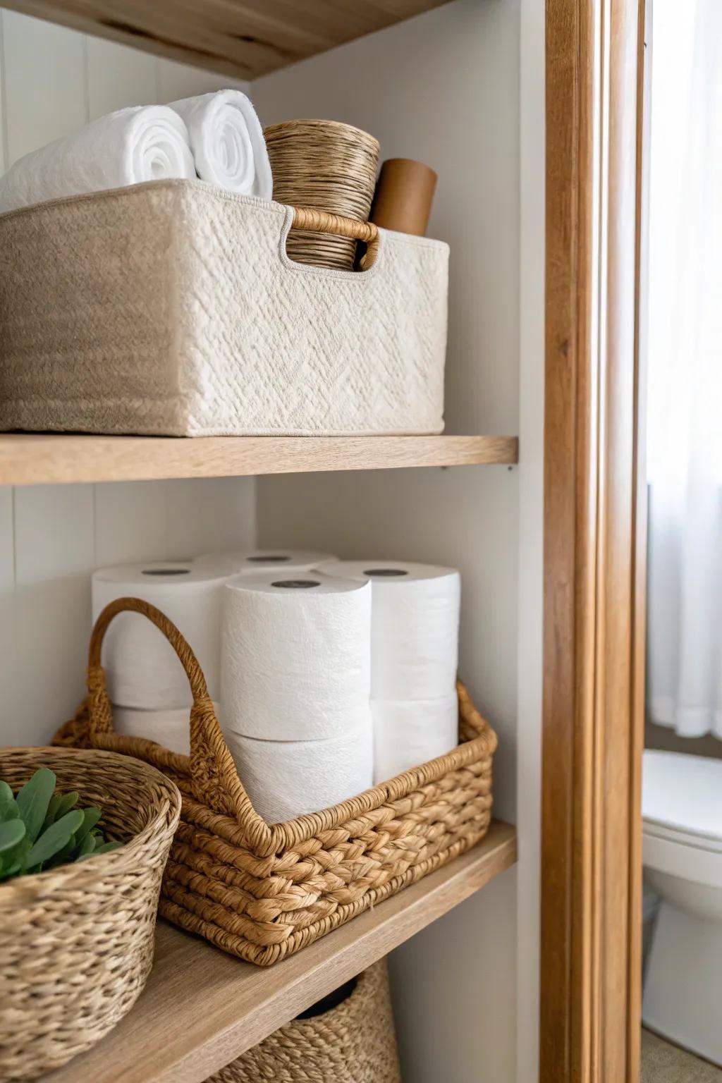 Bottom-shelf hero: one big basket keeps heavy toilet paper stock tidy and easy to lift.