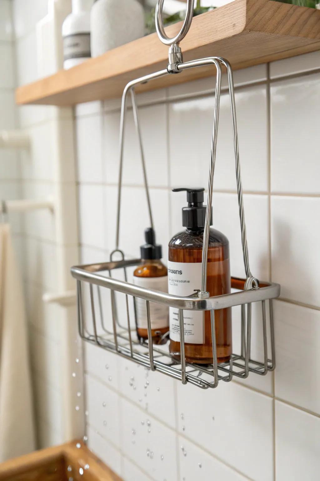 A draining hanging shower caddy keeps bottles tidy and prevents grime in small bathrooms.