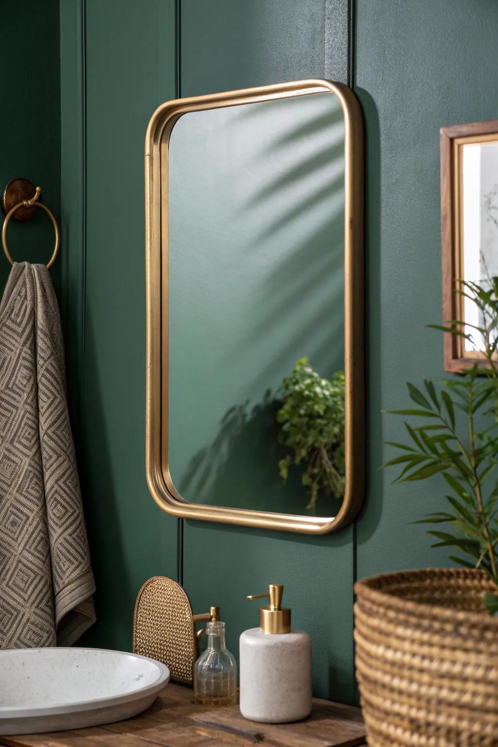 Forest green walls add cozy, dramatic depth—bold, grounded, and perfect for small bathrooms.