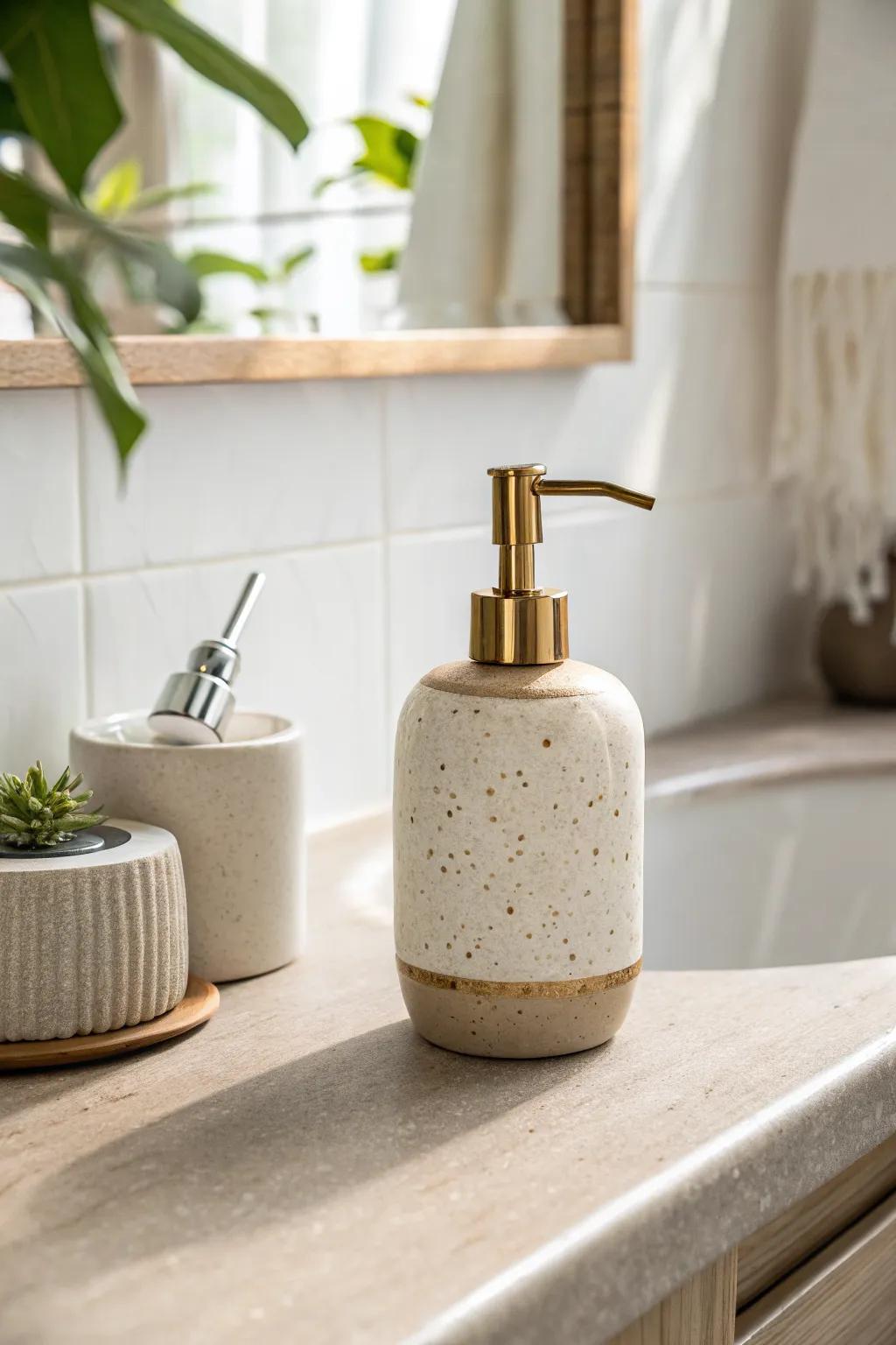 Keep sink decor calm with a simple two-tone look—warm white + sand, with brass as the accent.