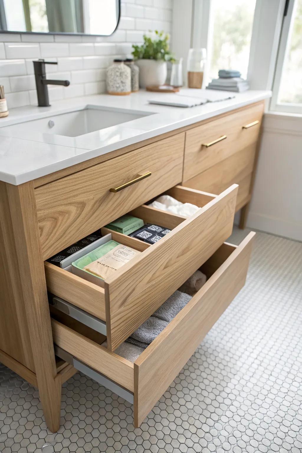 A hidden toe-kick drawer turns dead vanity space into sleek storage for flat essentials.