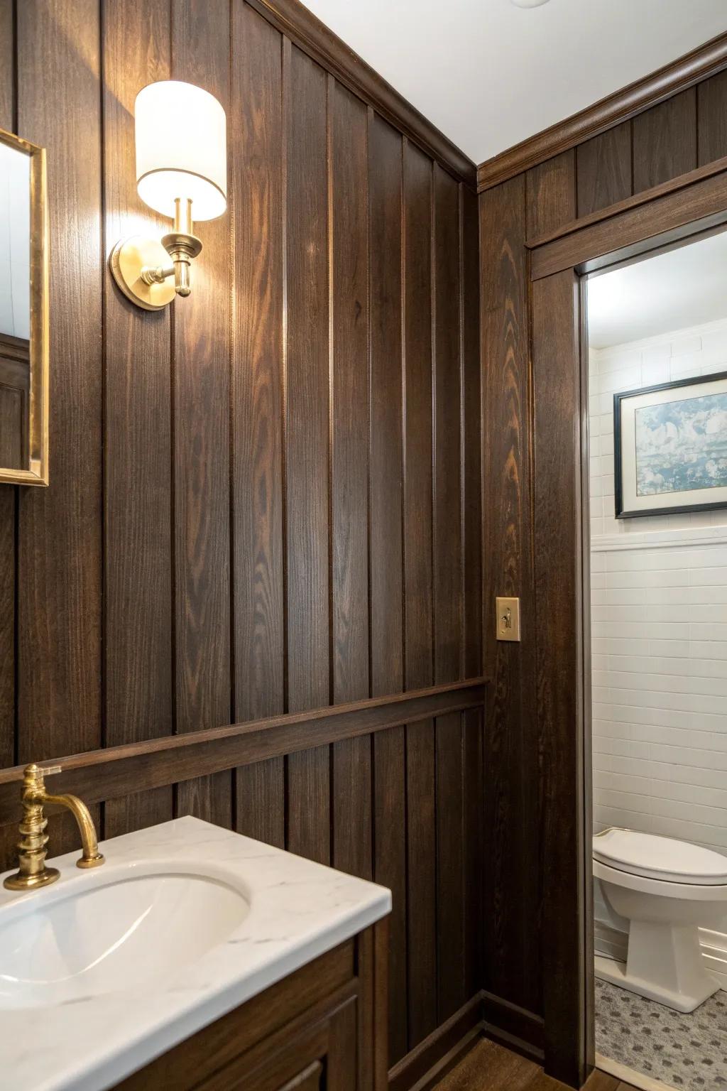 Moody dark wood paneling turns a tiny, windowless powder room into a boutique moment.