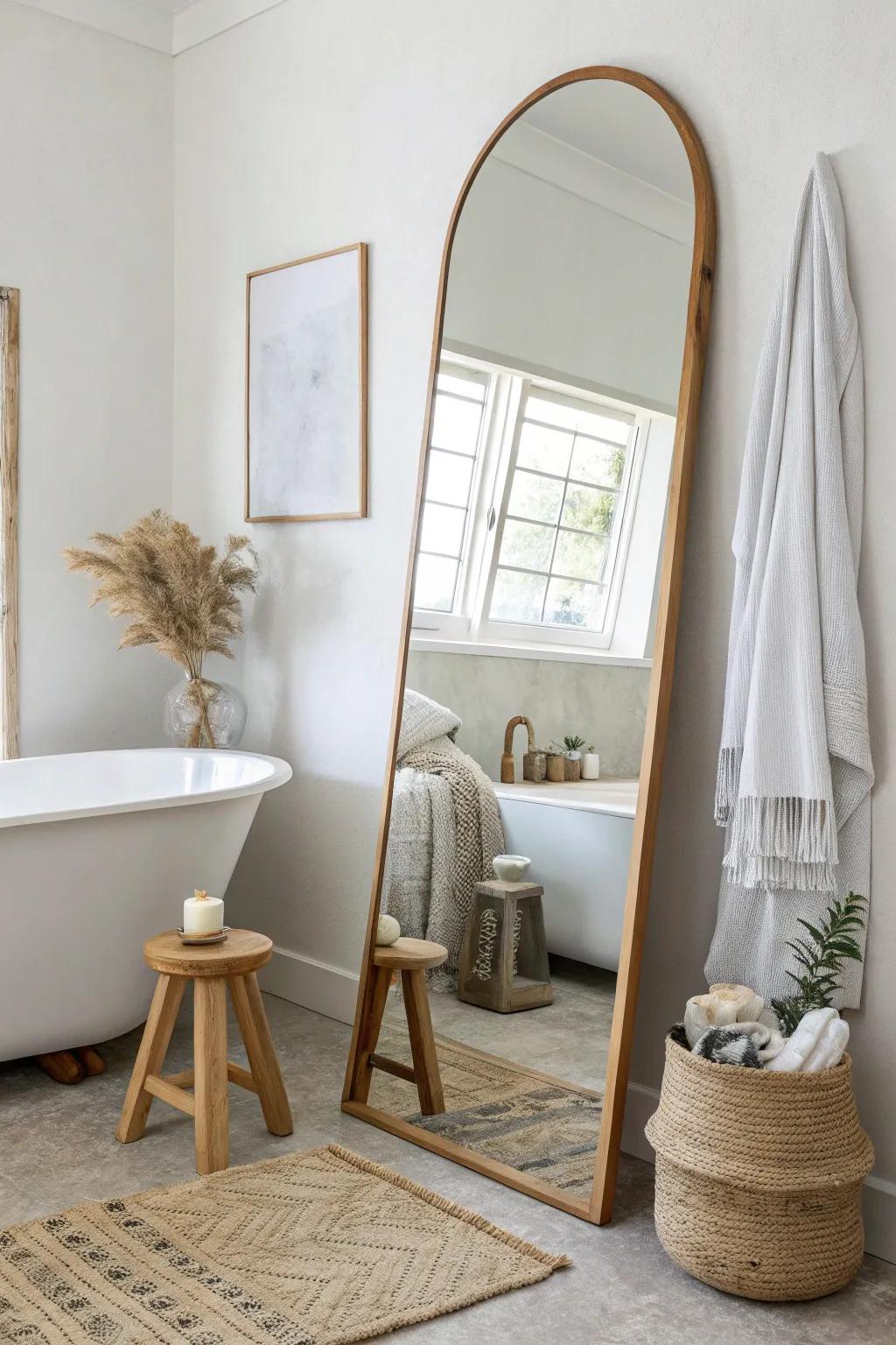 Oversized mirror trick: reflect a small tub to create instant breathing room and a brighter bath zone.