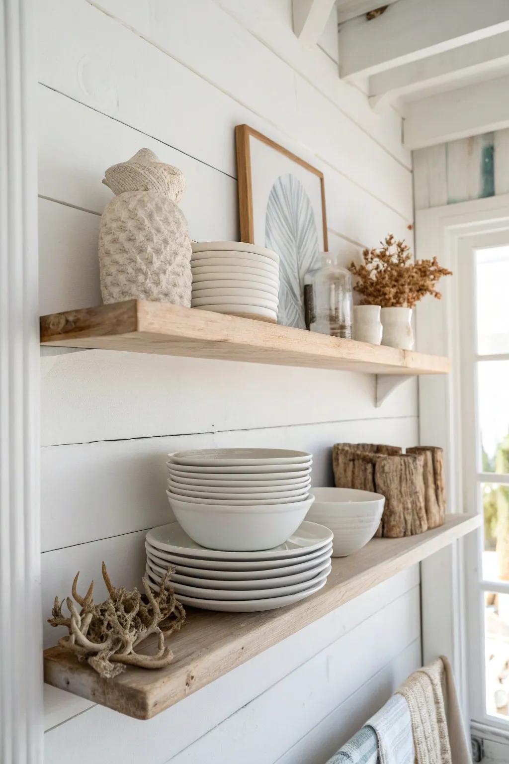 Open shelving, edited down: white dishes + one coastal accent for an airy condo look.