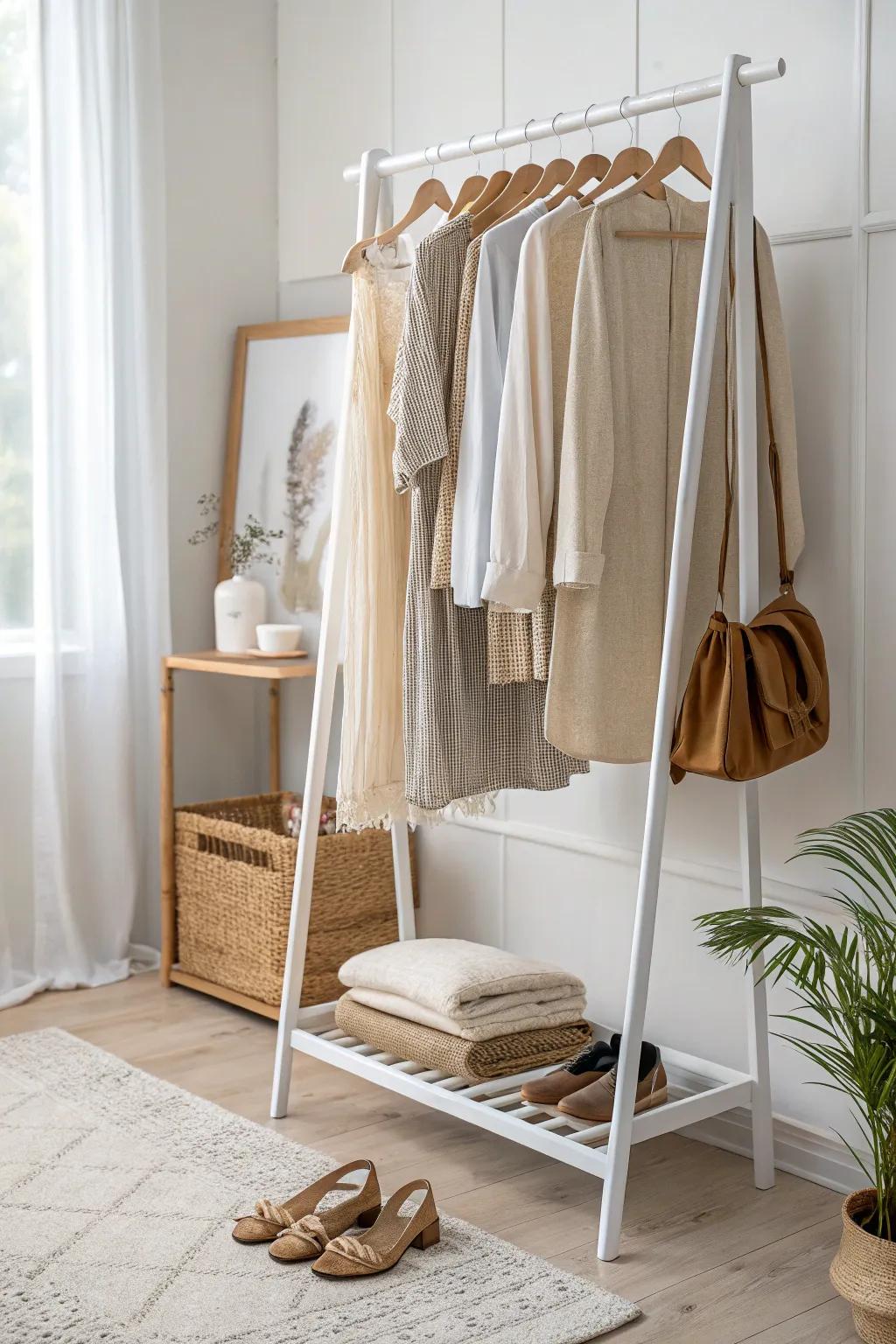 Mini clothing rack = boutique vibe in a tiny bedroom—keep it to a week of outfits.