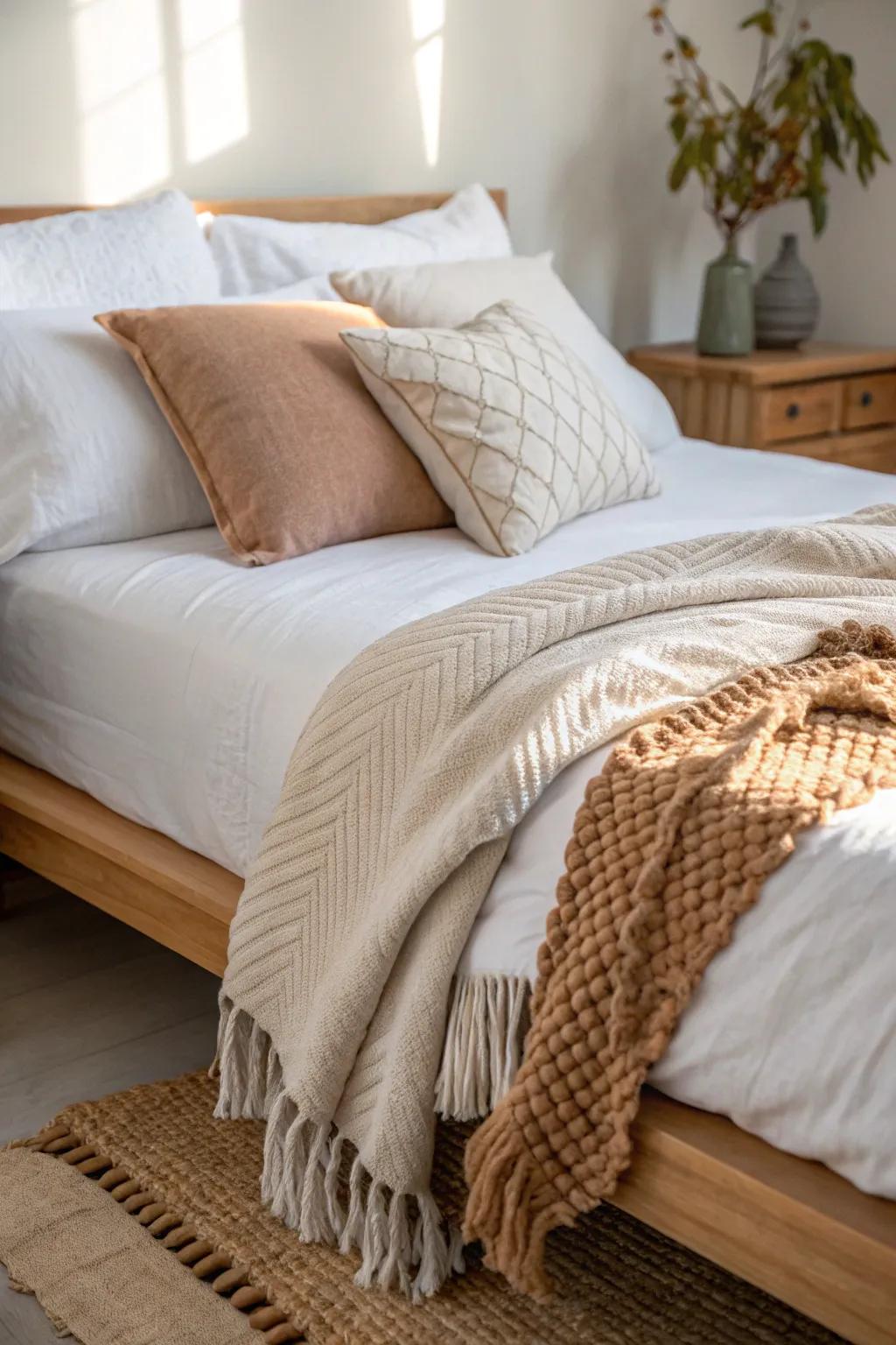 Create a cozy bed zone with layered linens and a chunky throw—stylish, calm, and space-smart.