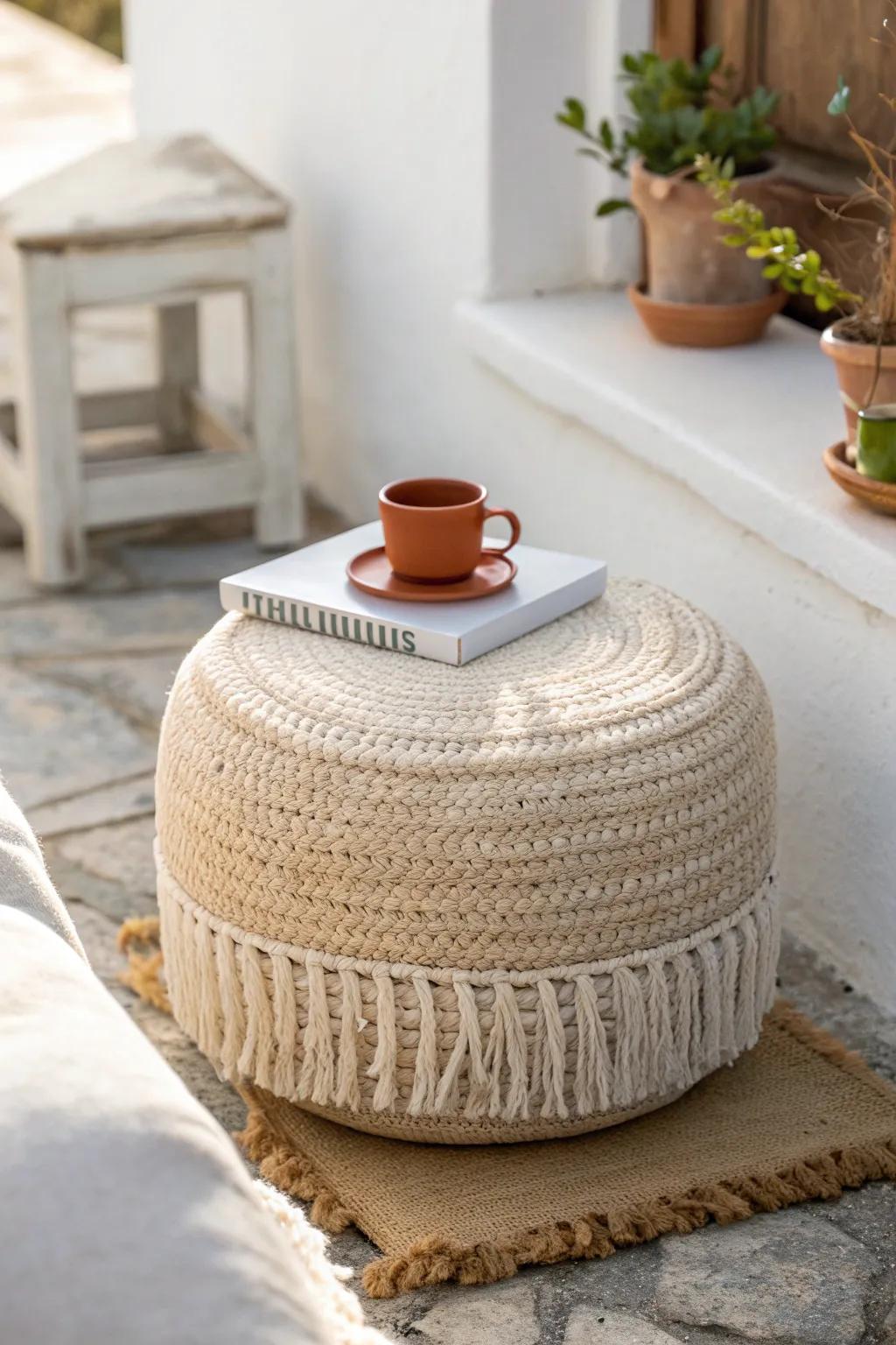 One textured pouf: footrest, extra seat, and mini side table—perfect for tiny boho patios.