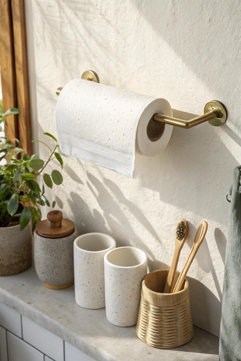 A slim wall rail lifts towels and utensils off the counter—instant vertical storage for tiny break rooms.