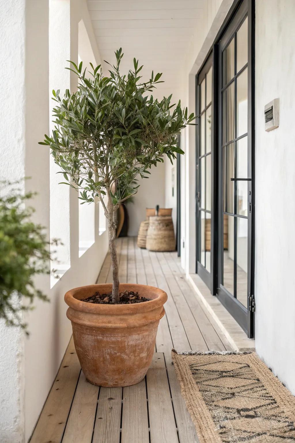 A single potted plant at the breezeway end turns a plain pass-through into a garden moment.