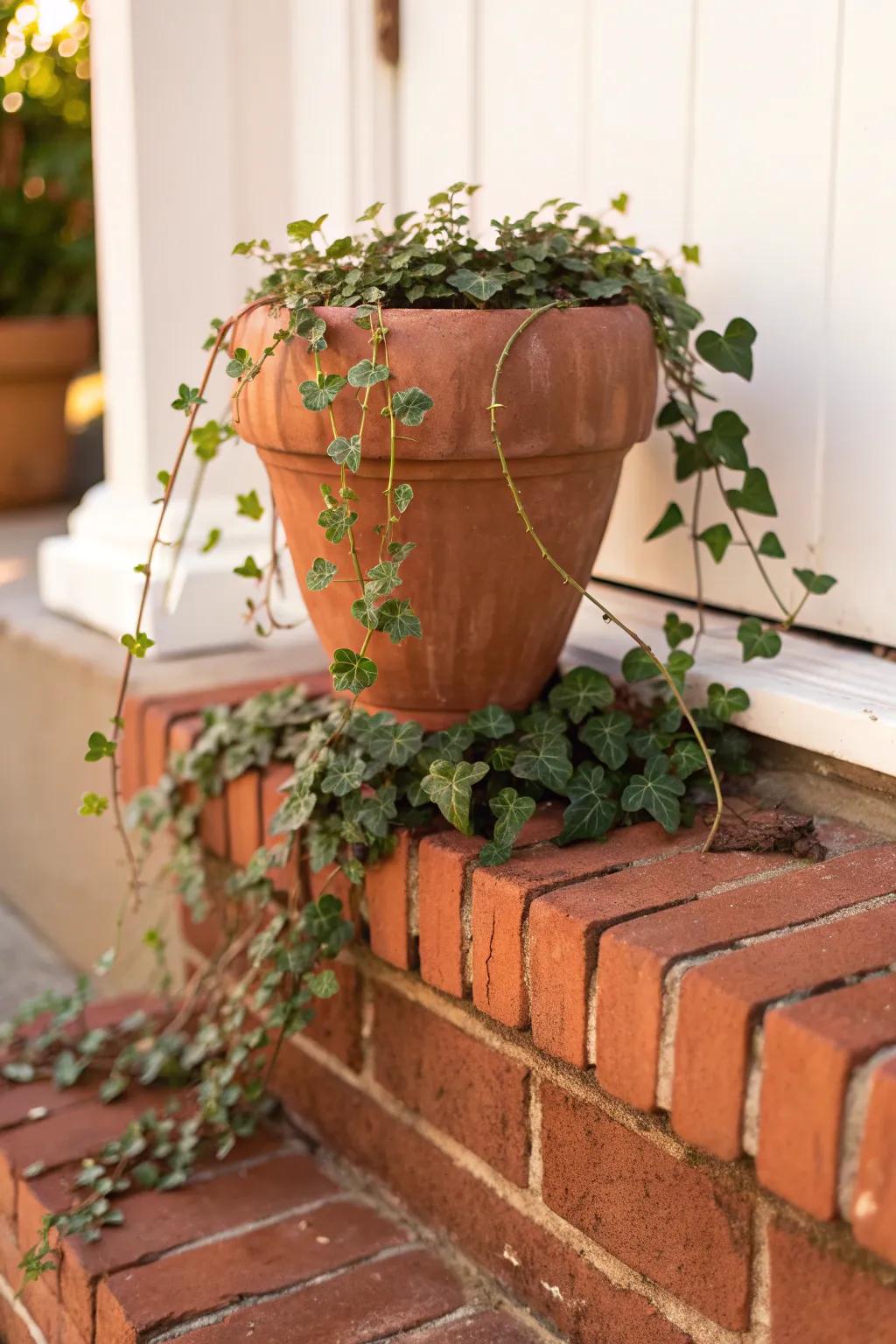 Trailing greenery in a simple pot softens brick porch edges and makes tiny stoops feel welcoming.