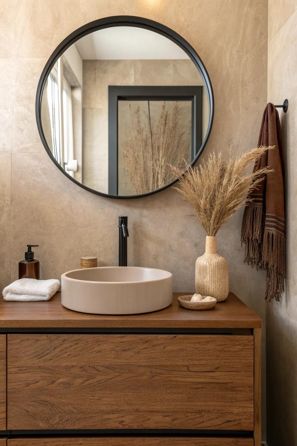Matte black mirror trim adds crisp contrast to warm brown, instantly modernizing a tiny bath.