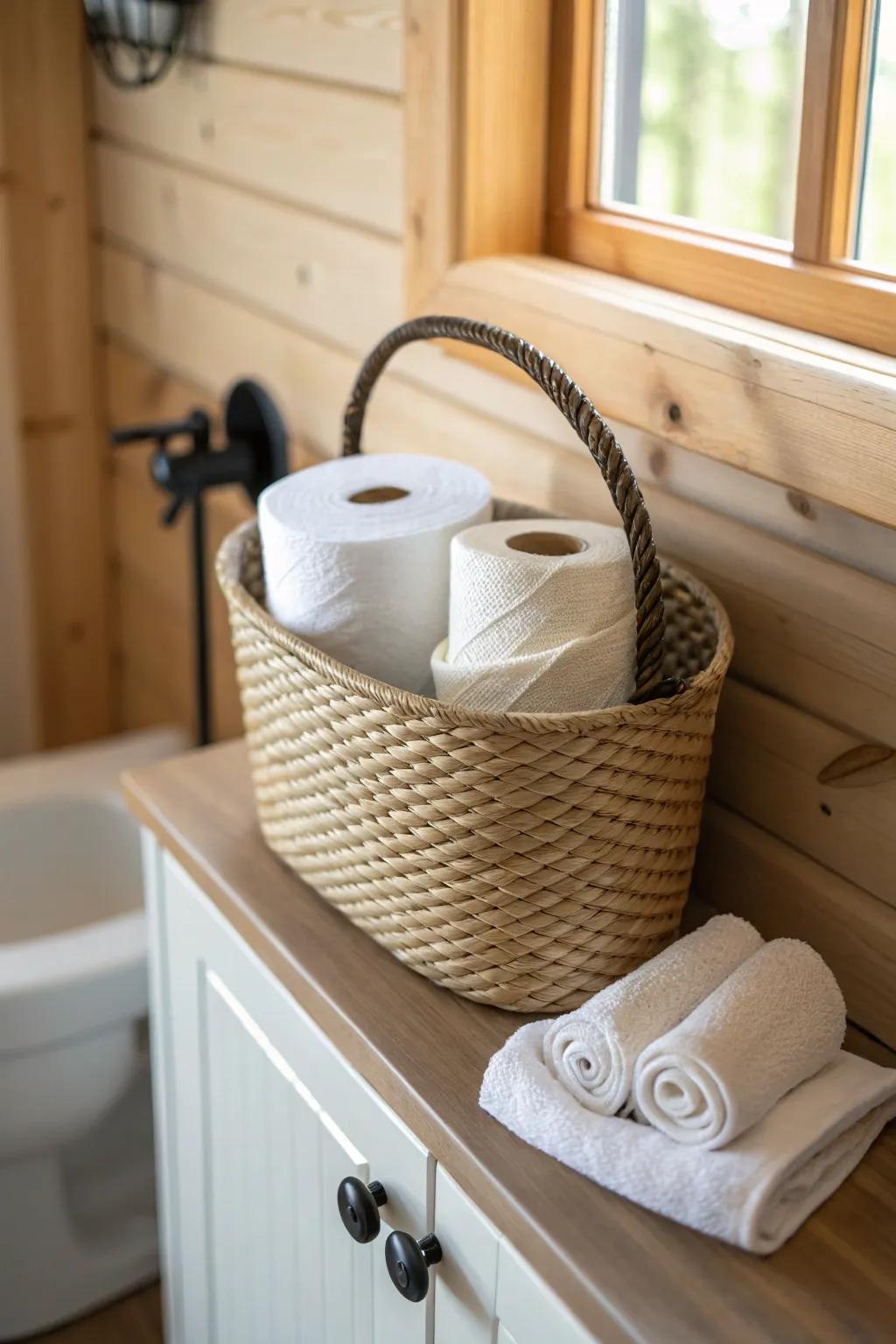 A woven basket keeps a tiny cabin bathroom calm—rustic texture with clutter-free storage.