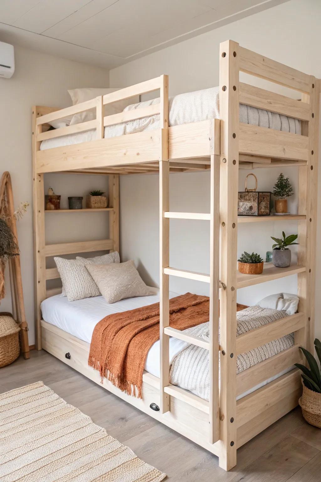 Triple bunks in pale wood + pocket storage turn a tiny cabin room into a cozy sleep haven.