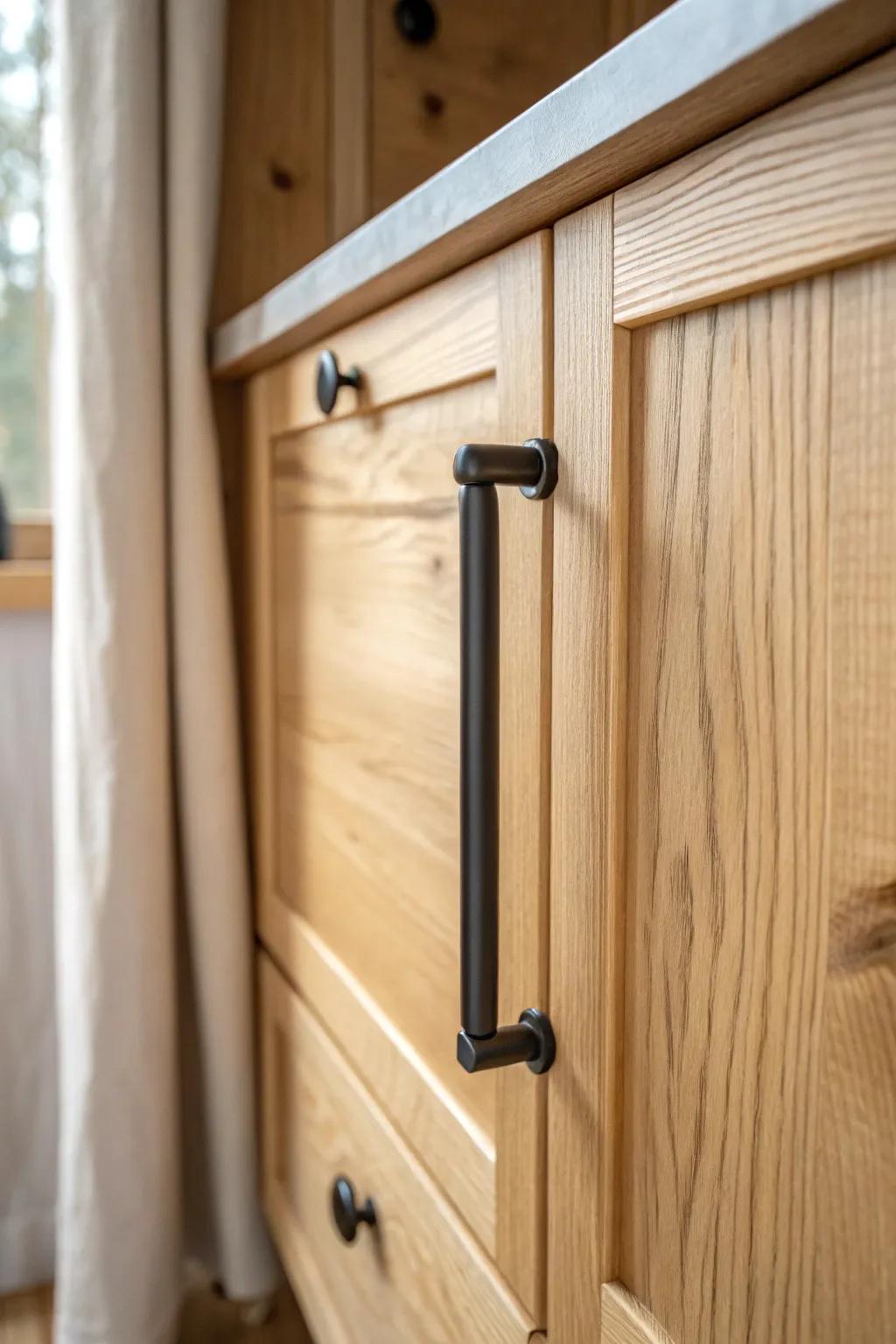 Matte-black hardware adds instant cabin contrast—simple, budget-friendly, and so polished.