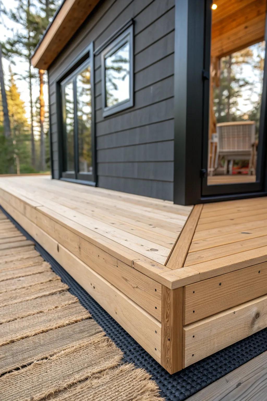 Wraparound deck: instant outdoor hangout zones that keep a tiny cabin feeling spacious.