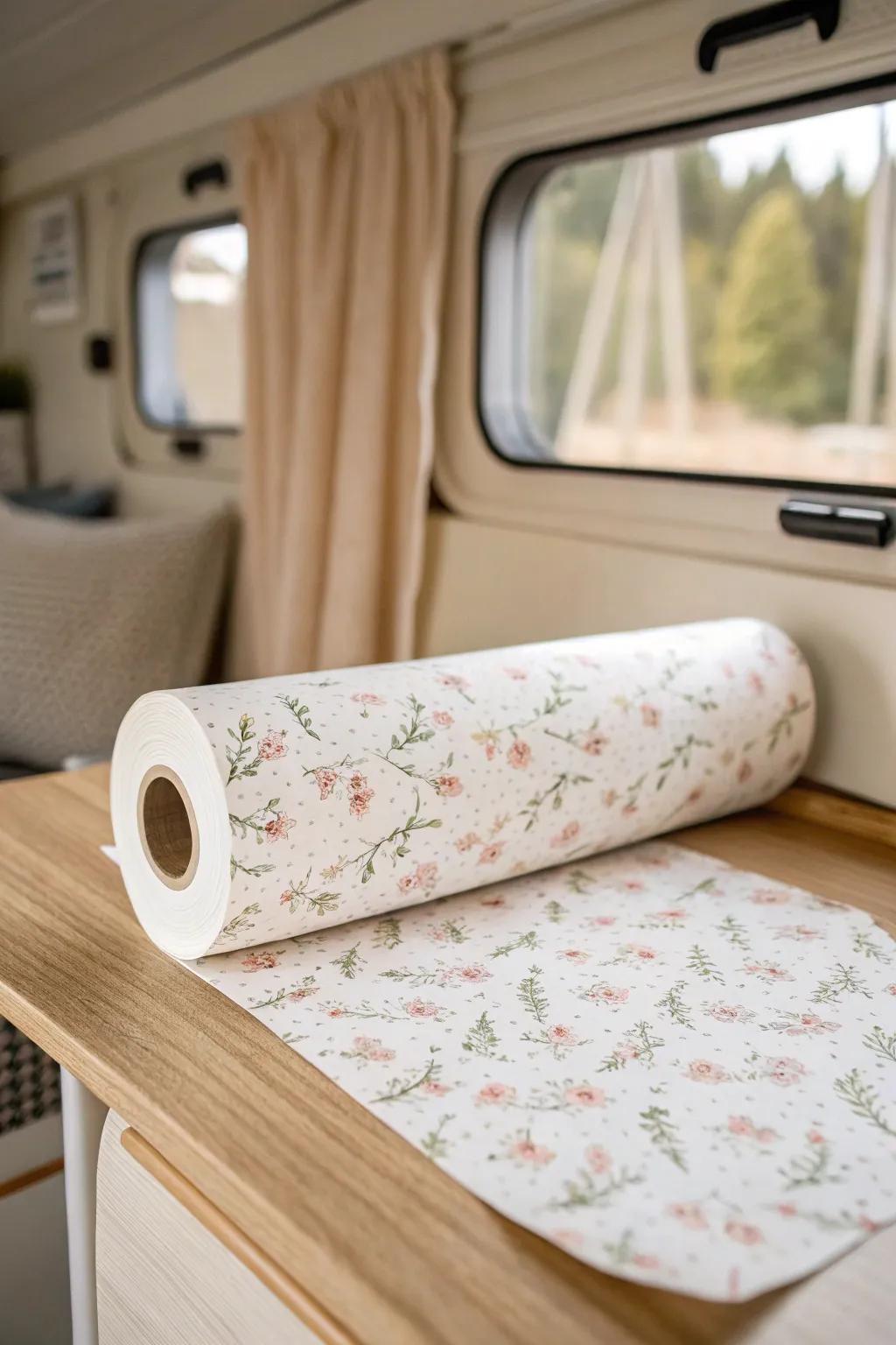 Soft peel-and-stick wallpaper on one camper wall makes the dinette feel custom, light, and airy.