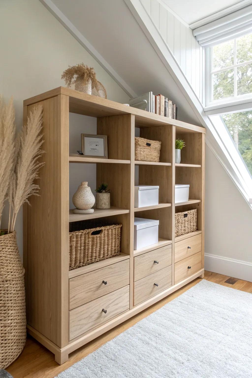 Built-in knee-wall shelves replace bulky dressers—more storage, more full-height wall space.