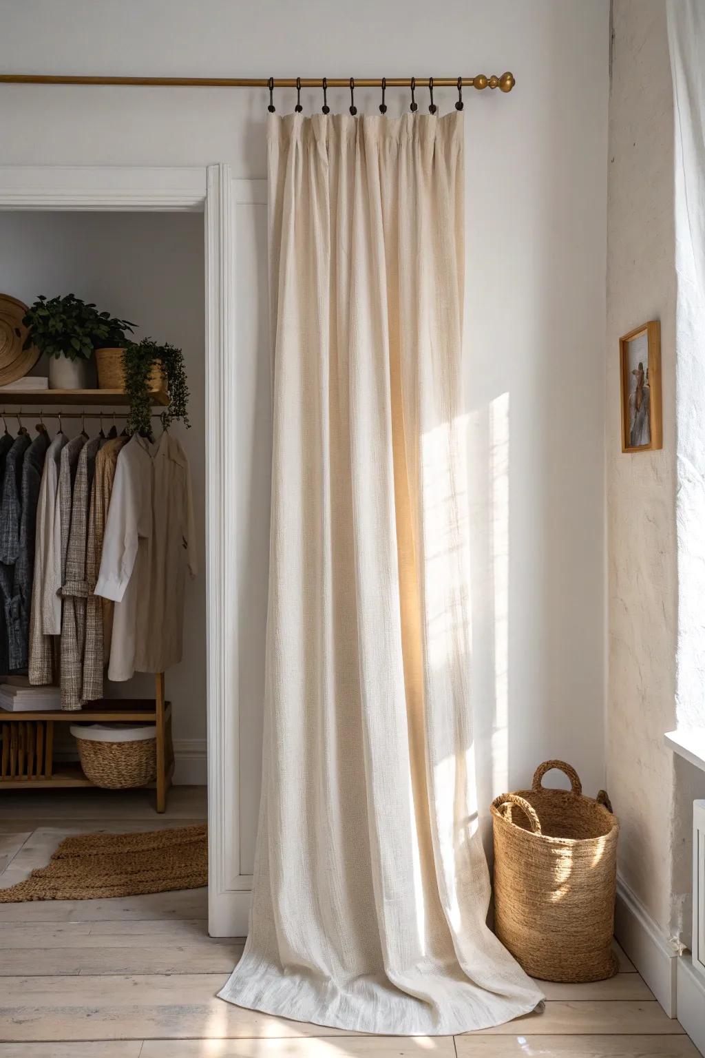 A breezy linen curtain hides closet clutter in seconds—minimal, cozy, and rental-friendly.