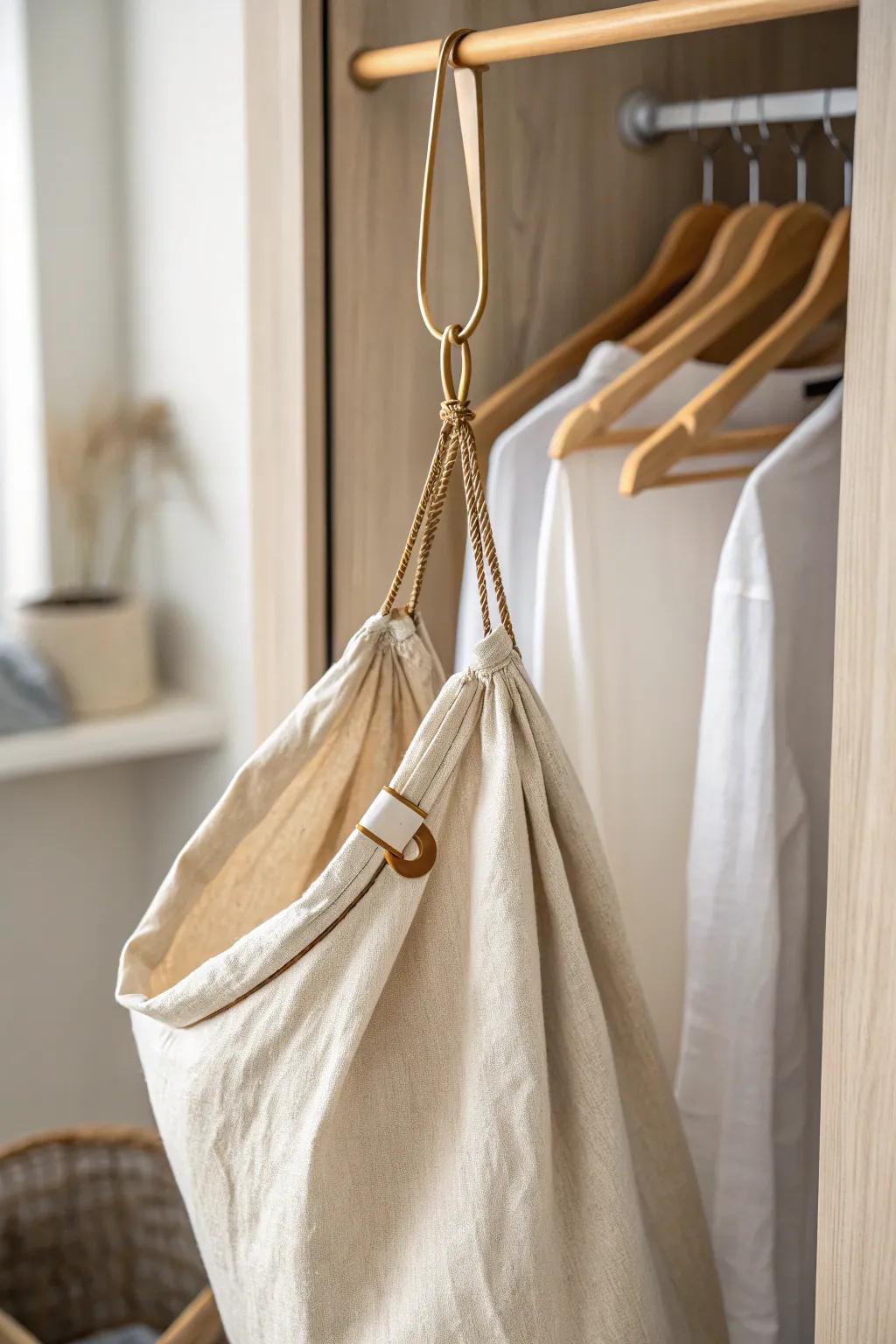 Hang a linen laundry bag to reclaim precious closet floor space—simple, chic, functional.