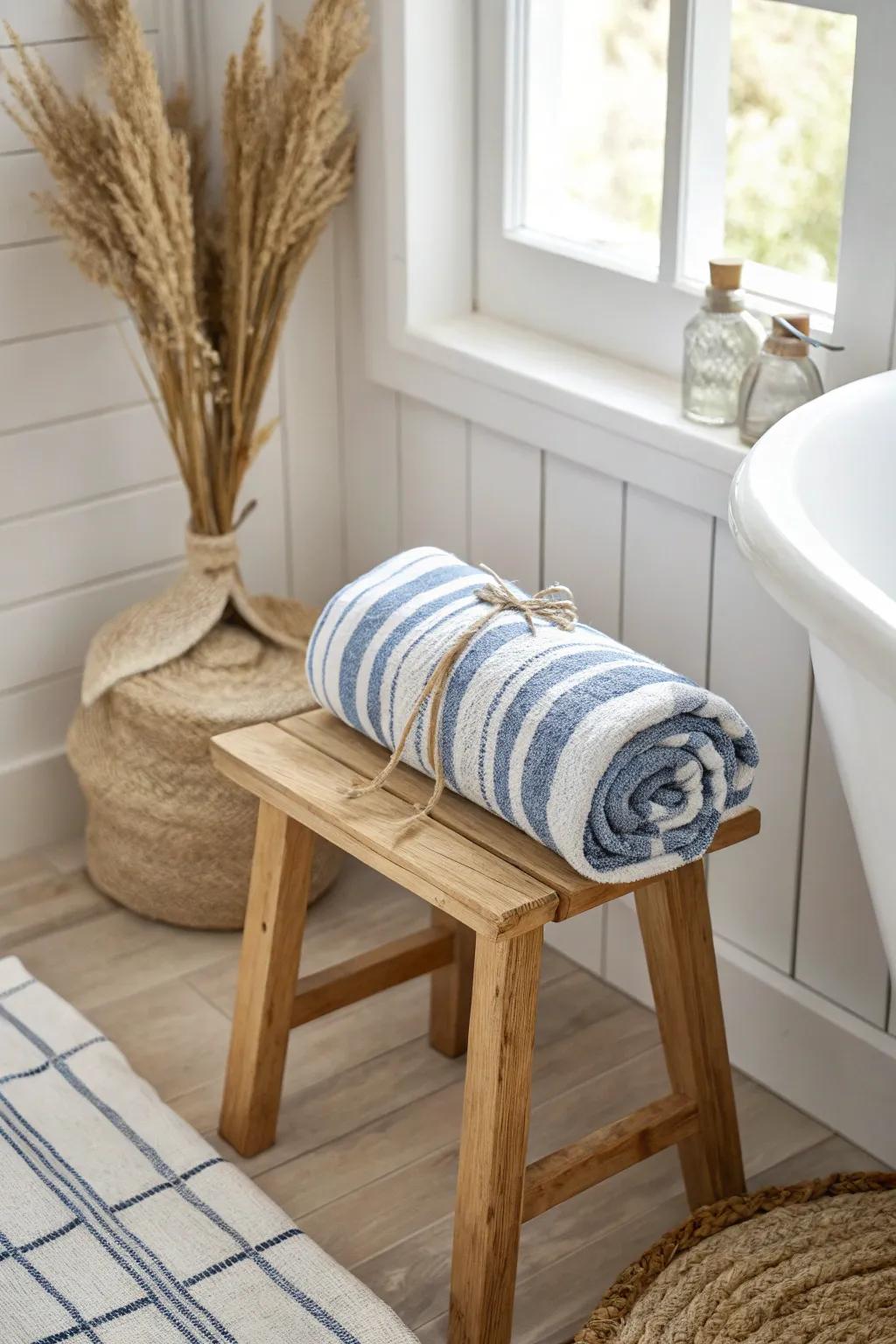 Blue-and-white striped textiles add a refined coastal feel—nautical, grown-up, and space-smart.