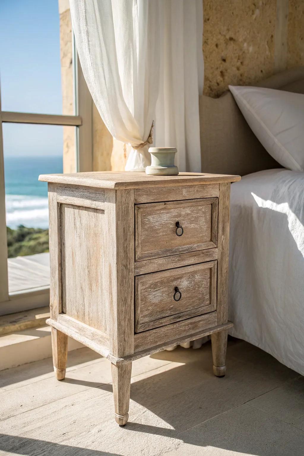 Weathered driftwood nightstand warmth—light, natural wood that makes a small coastal bedroom glow.