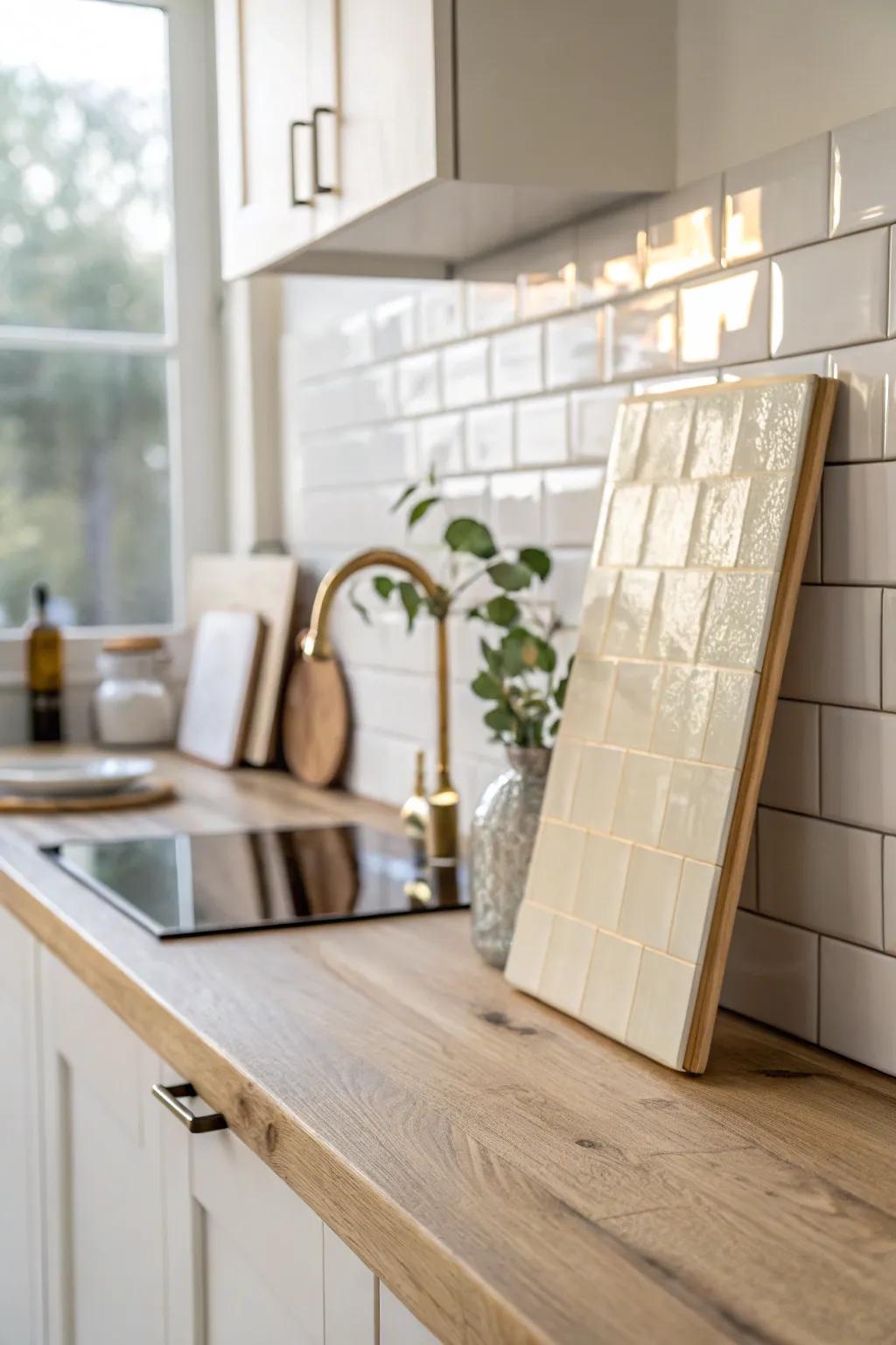 A glossy backsplash reflects daylight, making a small condo kitchen feel instantly brighter.