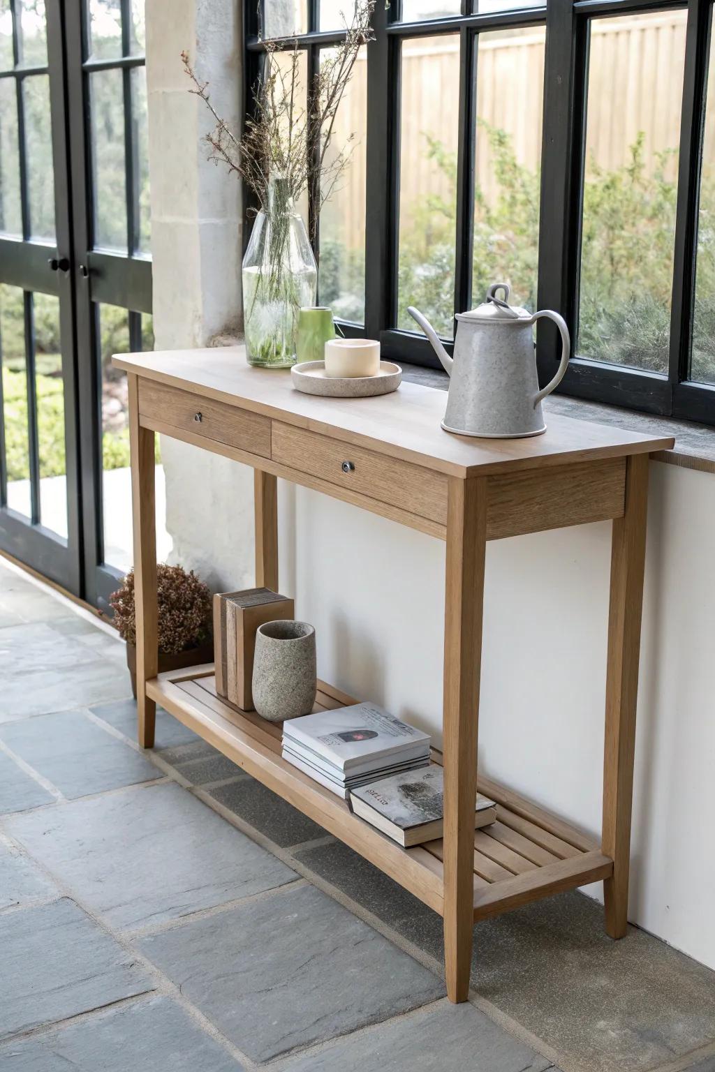 A slim console adds storage without crowding your conservatory—light, airy, and styled to glow.