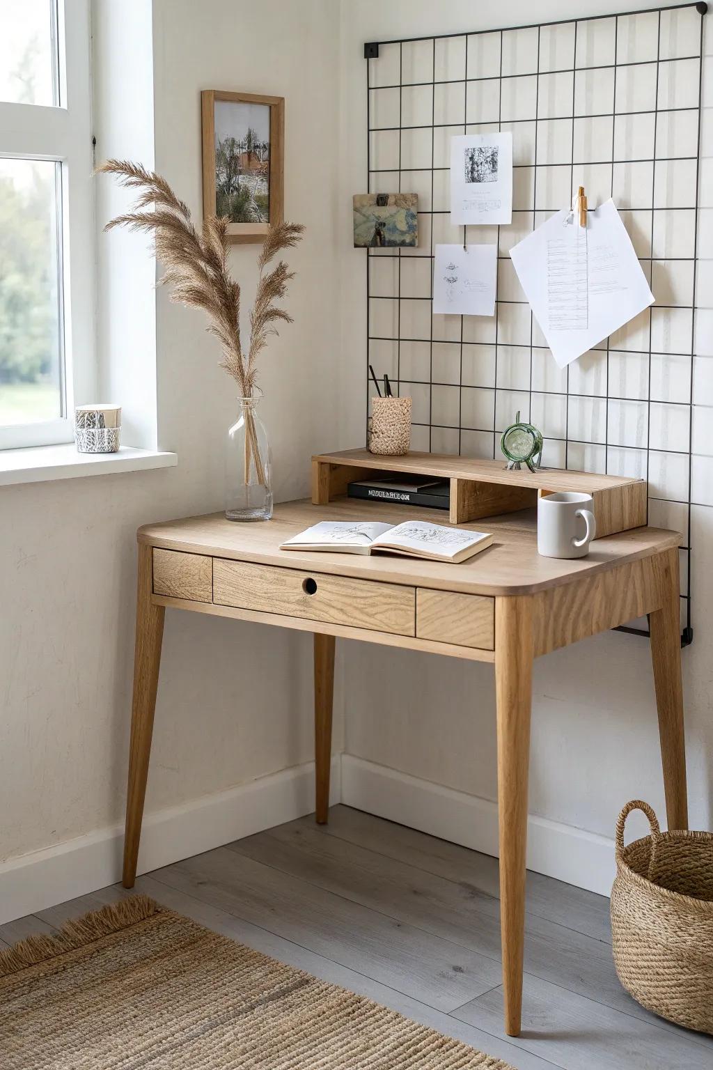 A light oak corner desk + wire grid keeps notes visible while saving precious desktop space.