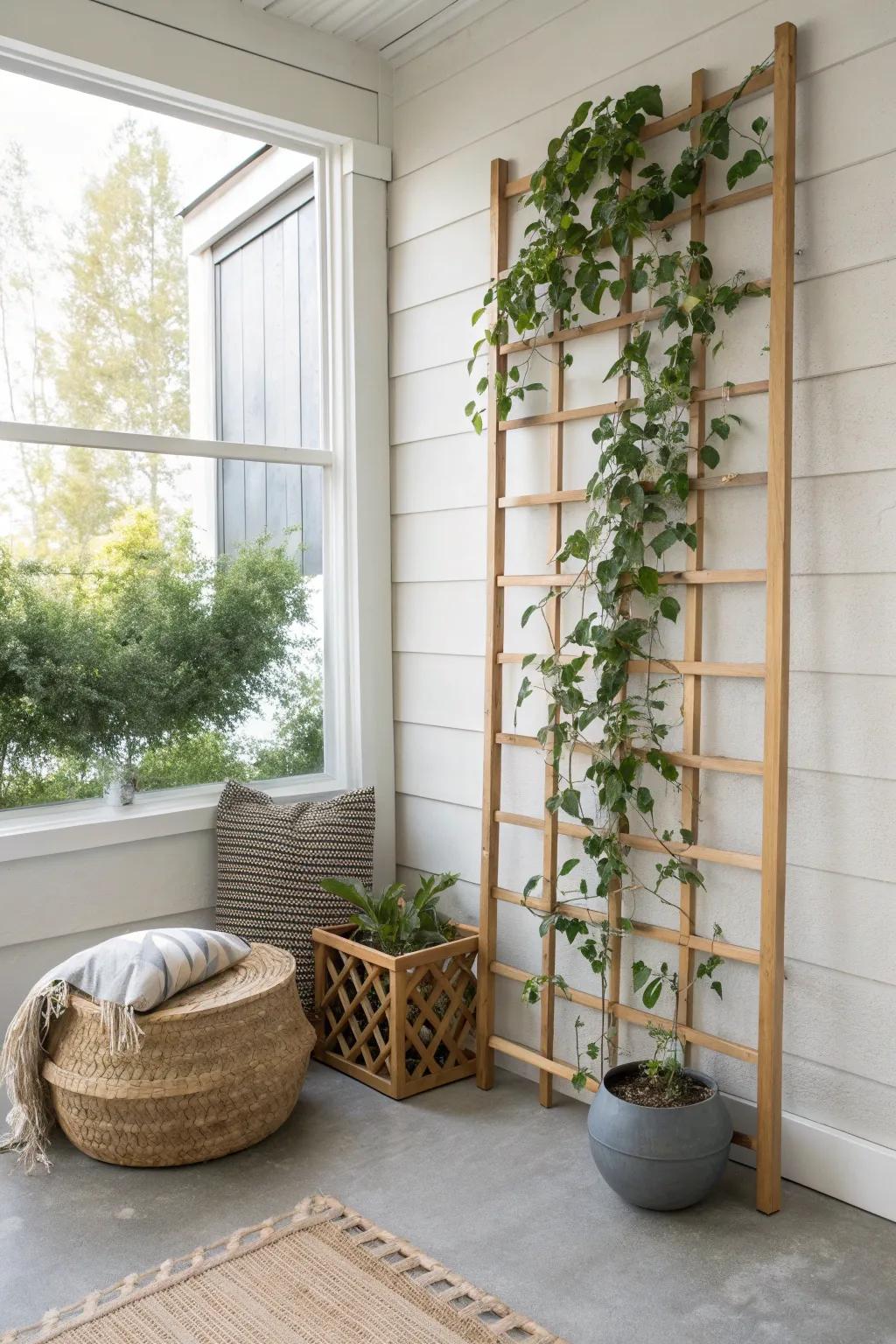 Turn a tiny corner patio into a lush backdrop—go vertical with a simple trellis wall.