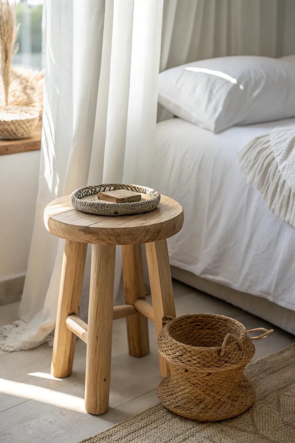 One light-wood stool + woven texture instantly warms a minimalist bedroom corner.