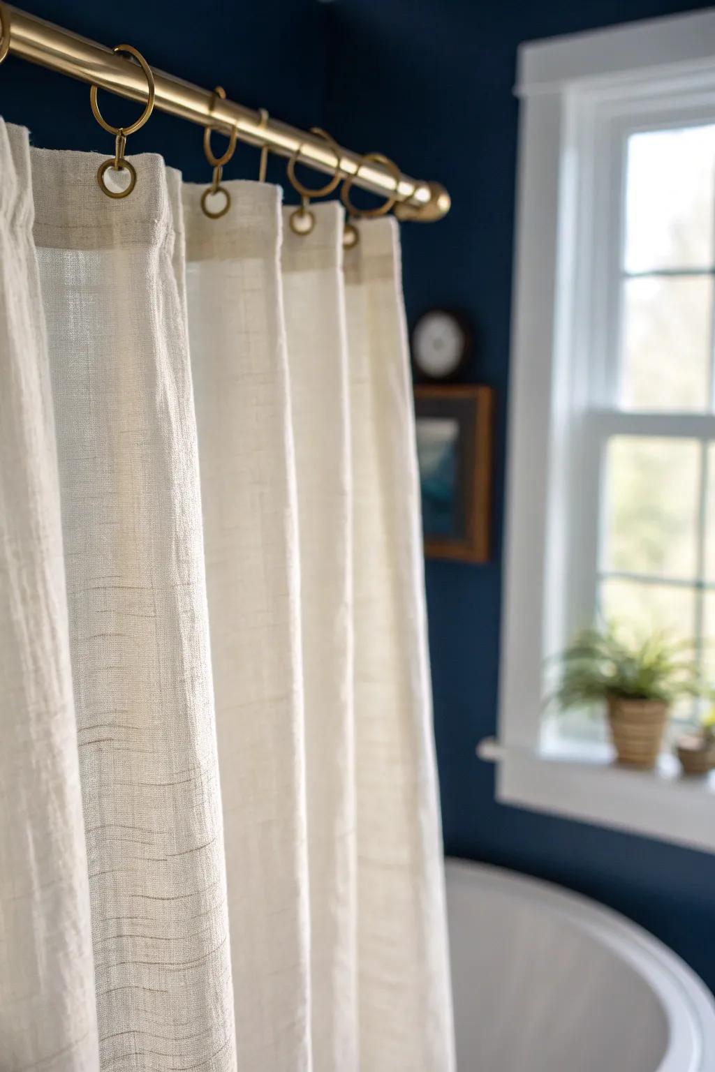 A sheer, light curtain keeps a small dark blue bathroom open while letting navy walls shine.