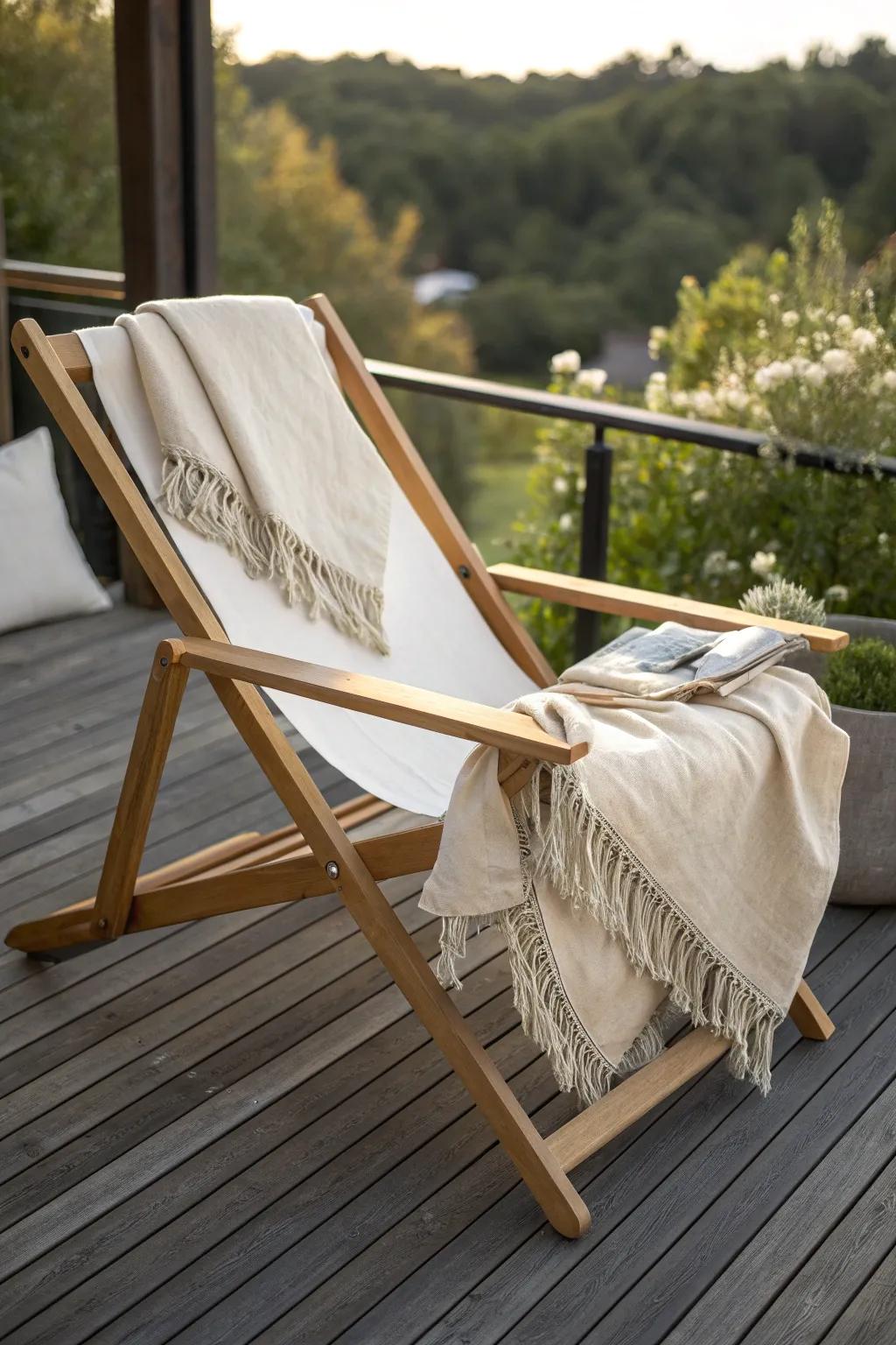 Light oak chair + creamy linen instantly brightens a small deck—even over dark boards.