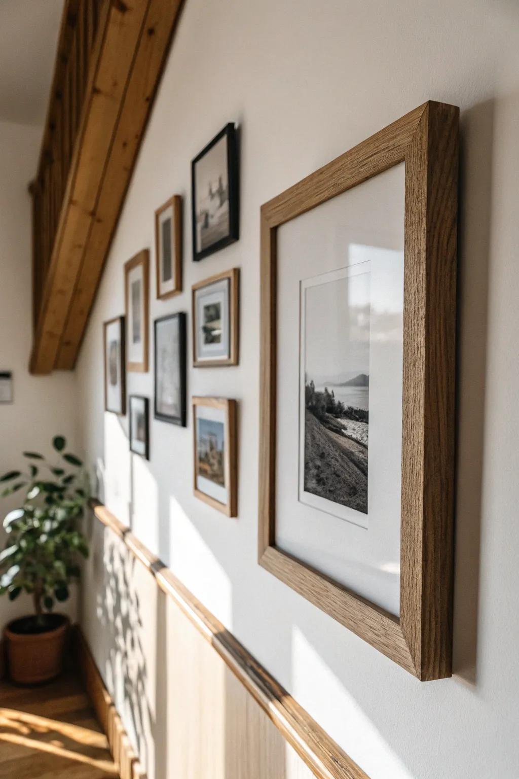 A vertical gallery wall pulls the eye upward—thrifted frames make a small den feel personal.