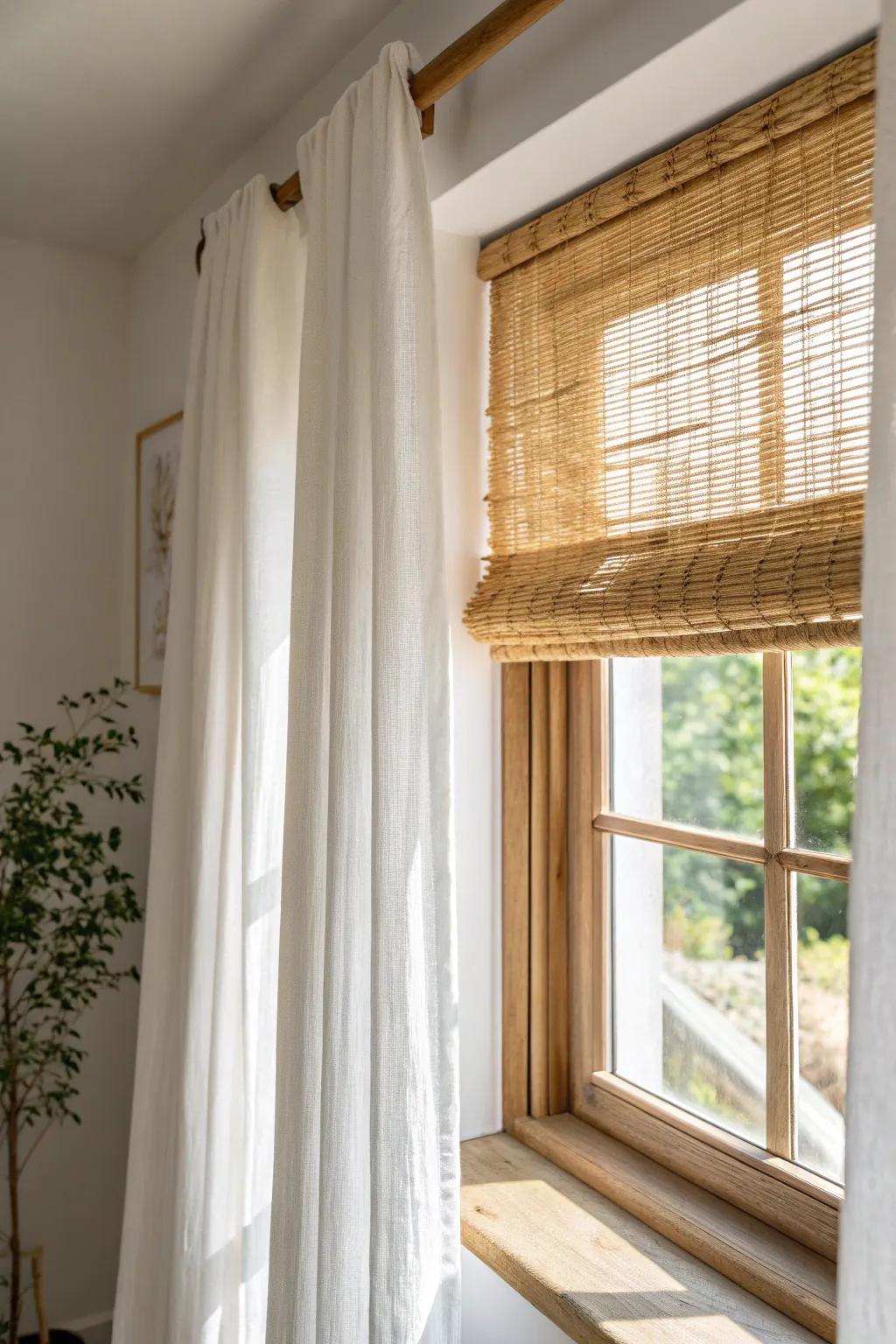 Layered linen panels + woven shade: street-facing privacy without sacrificing daylight.