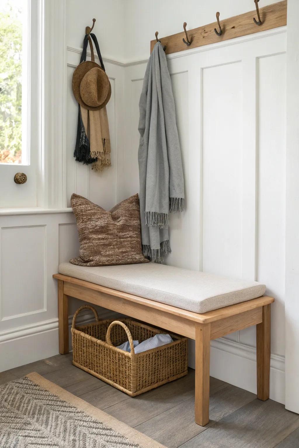Tiny hallway corner drop zone: a slim bench and vertical hooks to keep essentials off the floor.