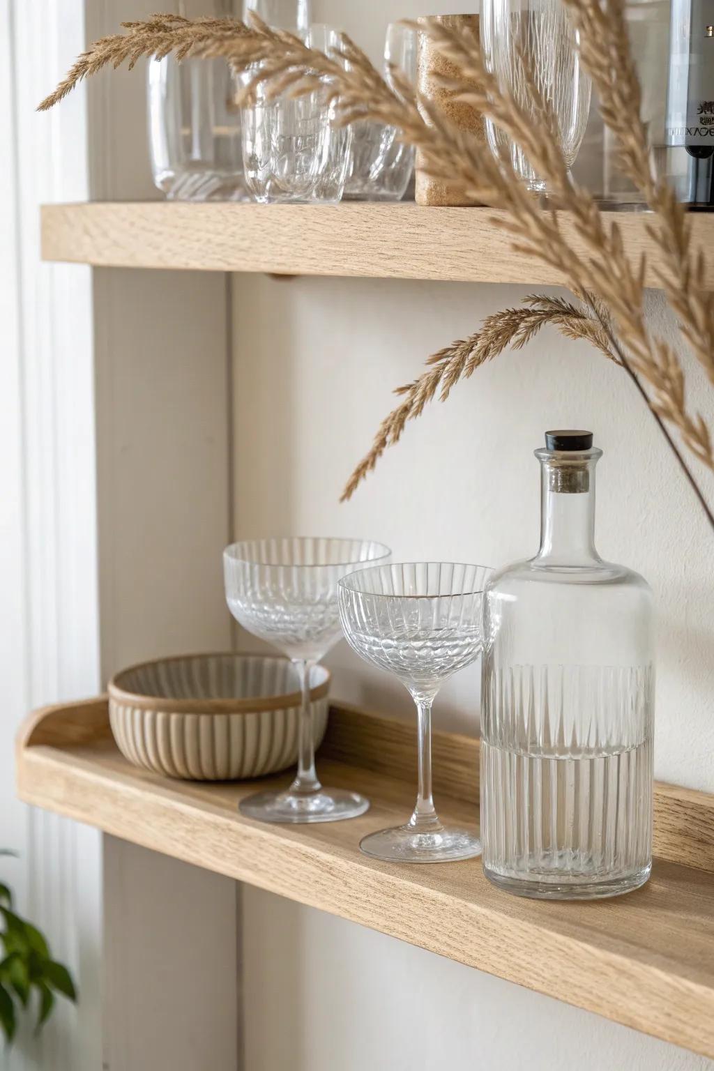Symmetrical shelf styling makes a tiny dry bar look instantly polished and intentional.