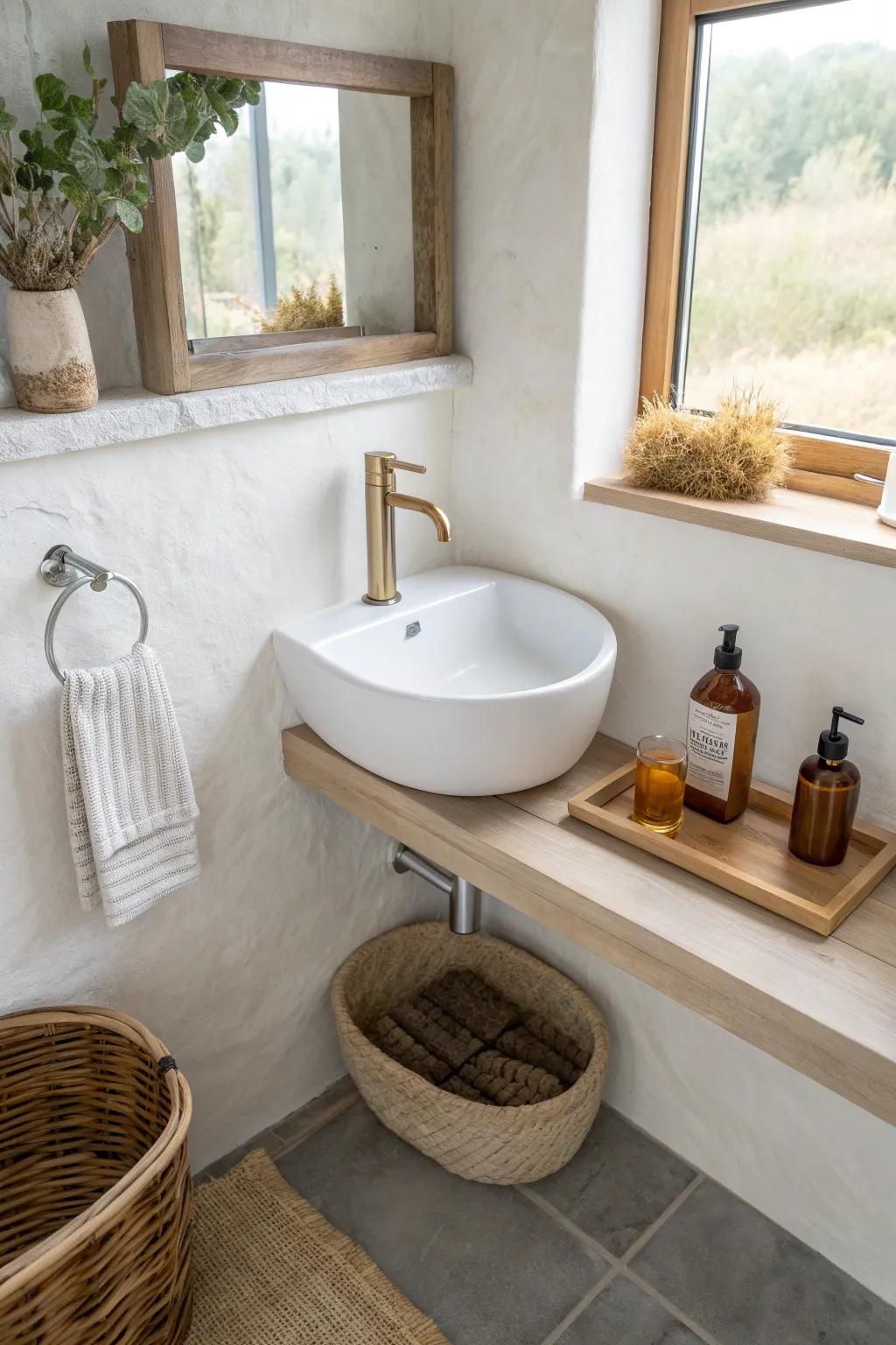 A corner sink frees up precious walkway space—minimal, bright, and beautifully functional.