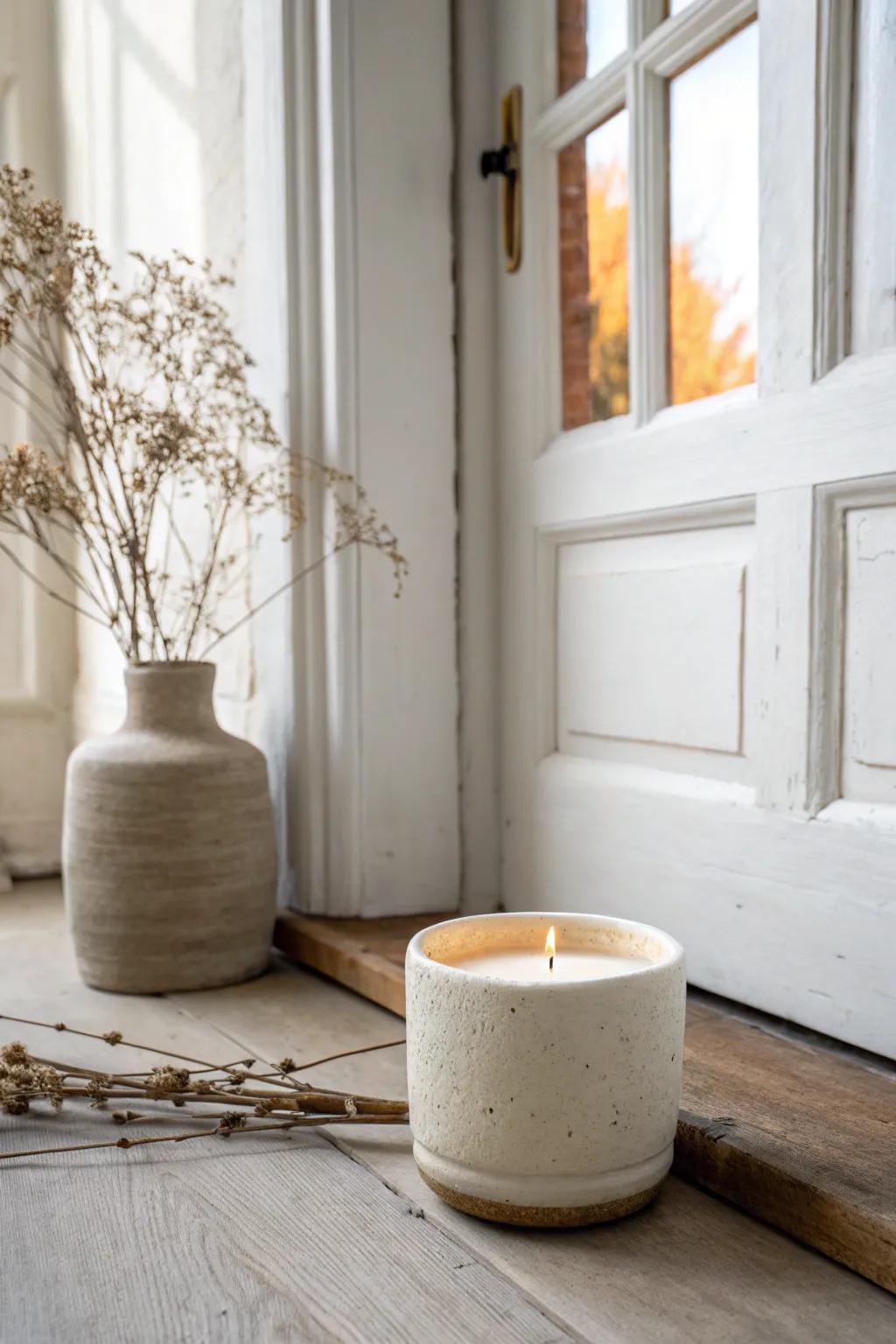 One sculptural candle by the door adds instant warmth—welcoming even before it’s lit.