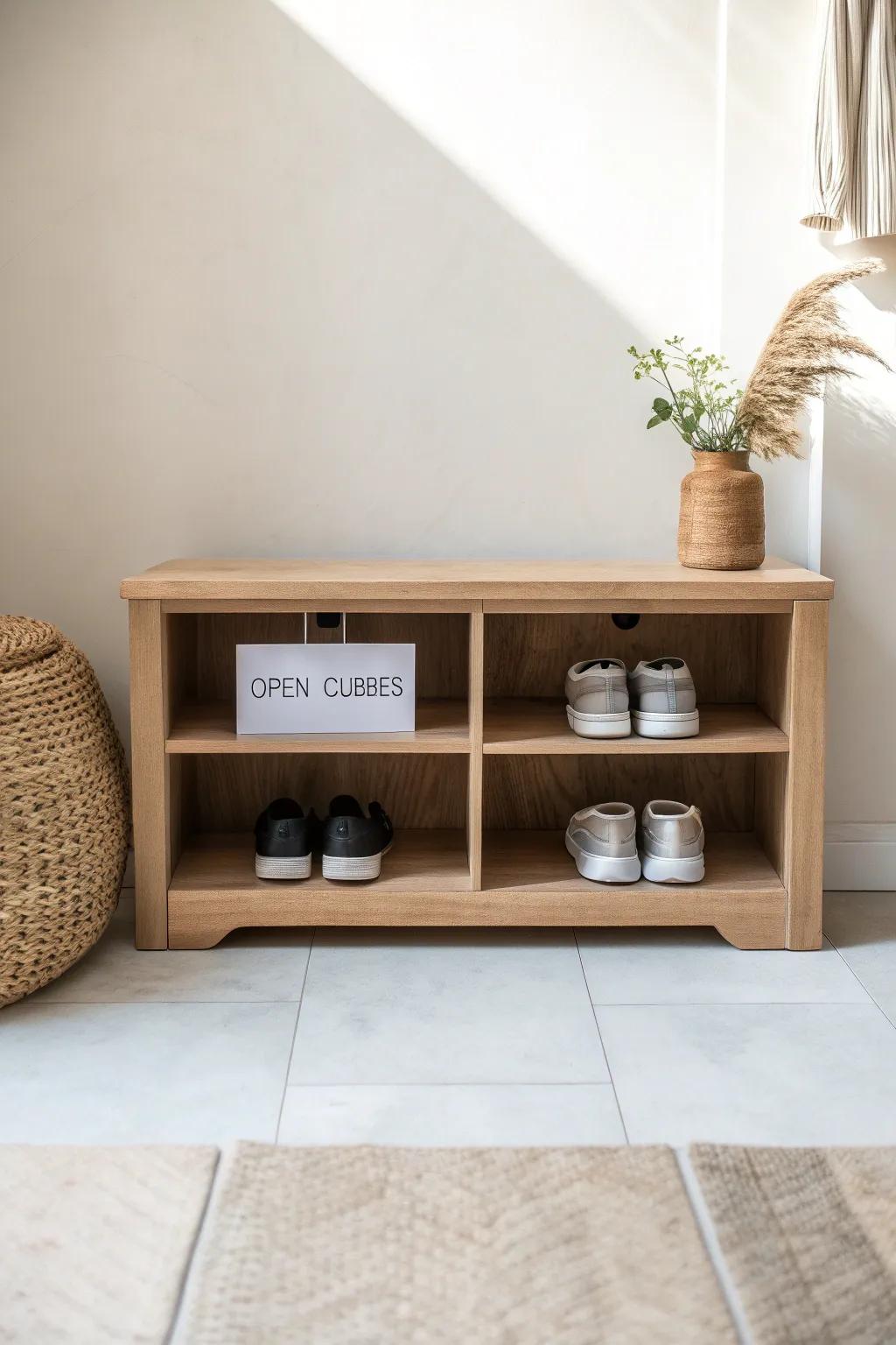 A labeled cubby bench keeps shared entryways calm—everyone gets a spot and floors stay clear.