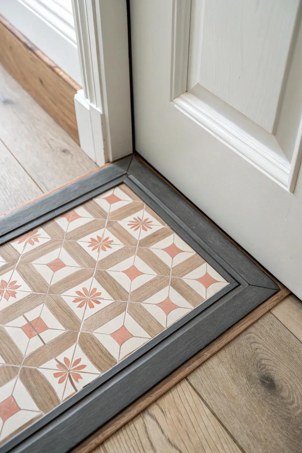 A slim tile border frame draws a crisp line for your tiny foyer—no clutter, just calm style.
